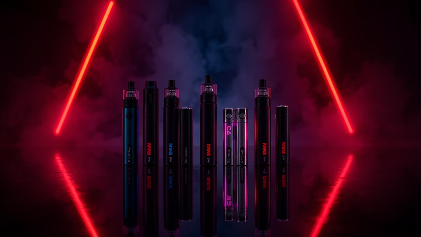 Raz, Lost Mary, and Geek Bar disposable vape lineup with red neon backlight