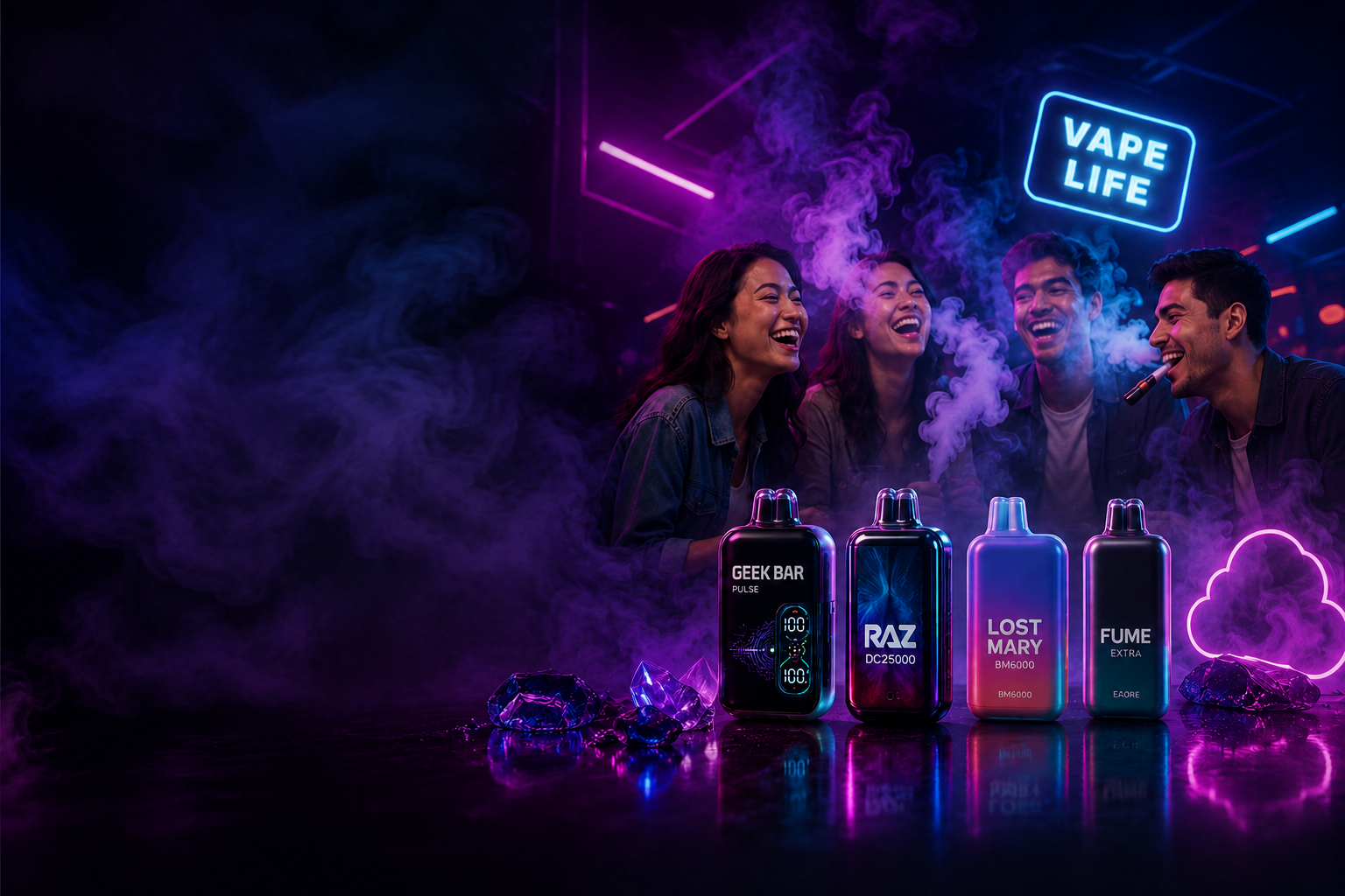 Friends enjoying premium disposable vapes in a neon-lit lounge with Geek Bar, Raz, Lost Mary and Fume devices