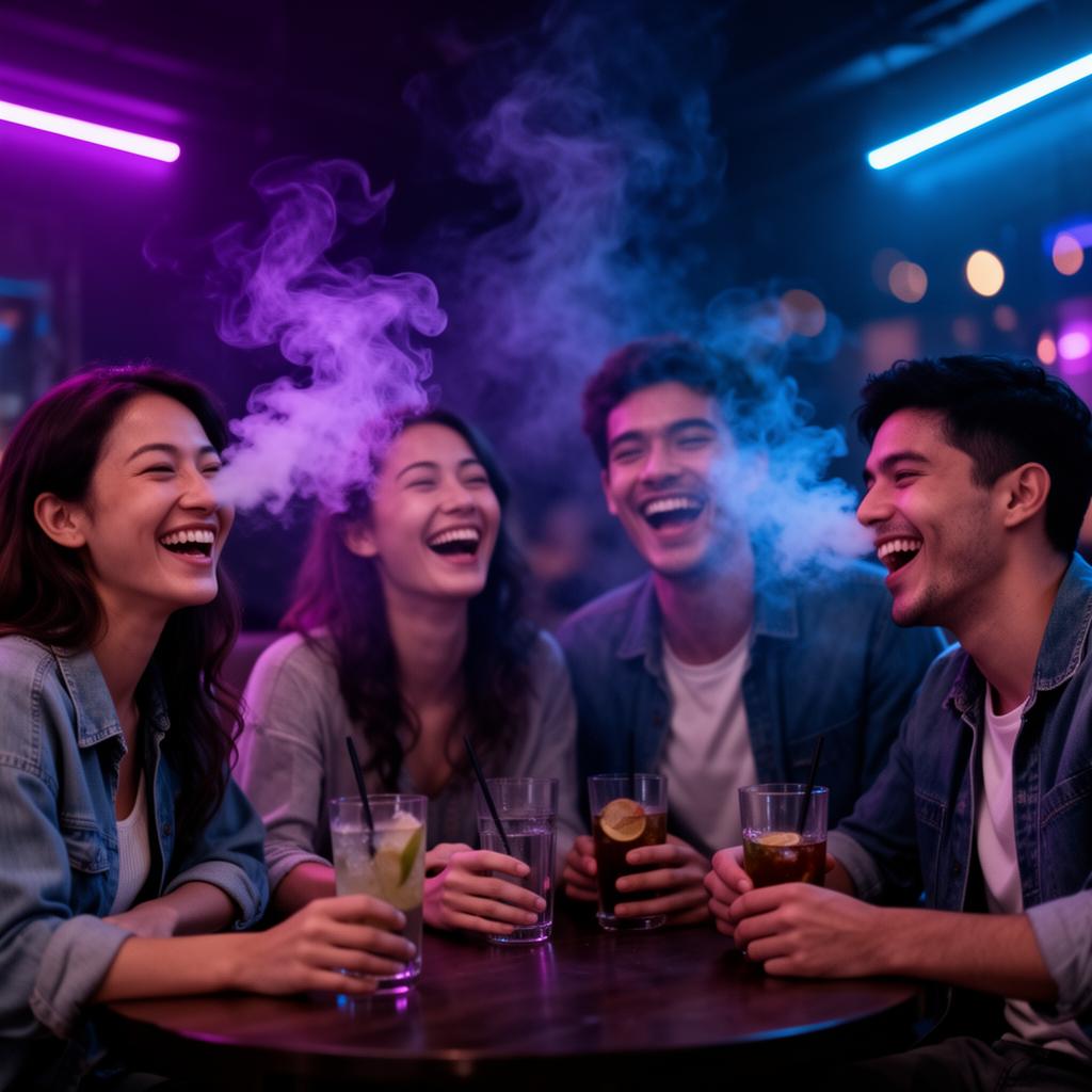 Young adults enjoying disposable vapes in a neon-lit lounge