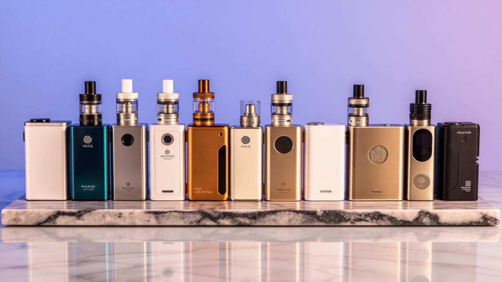 Row of authentic disposable vape devices from official brands on a marble surface